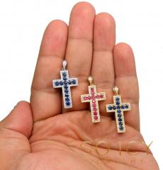 14k gold round diamond & sapphire small cross 2.05ct