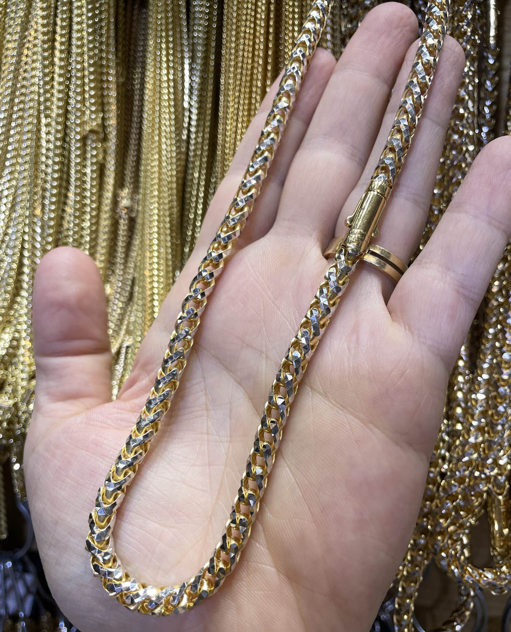 14k two tone gold prism cut semi-hollow franco chain 18-24