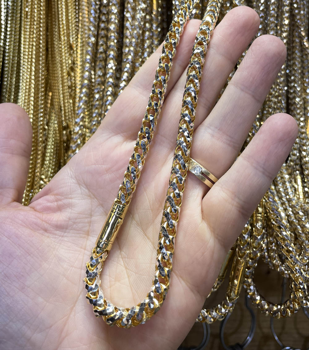 14k two tone gold prism cut semi-hollow franco chain 18-22