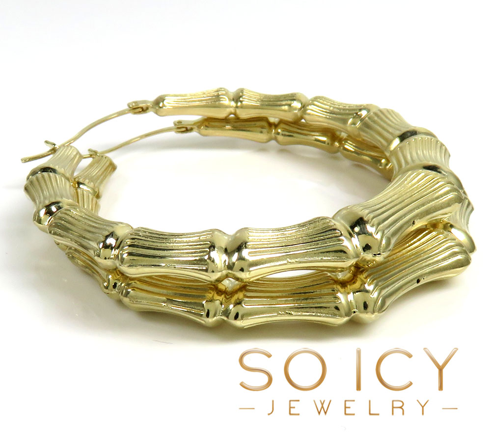 14k yellow gold xl hollow bamboo hoop earrings - Image 2