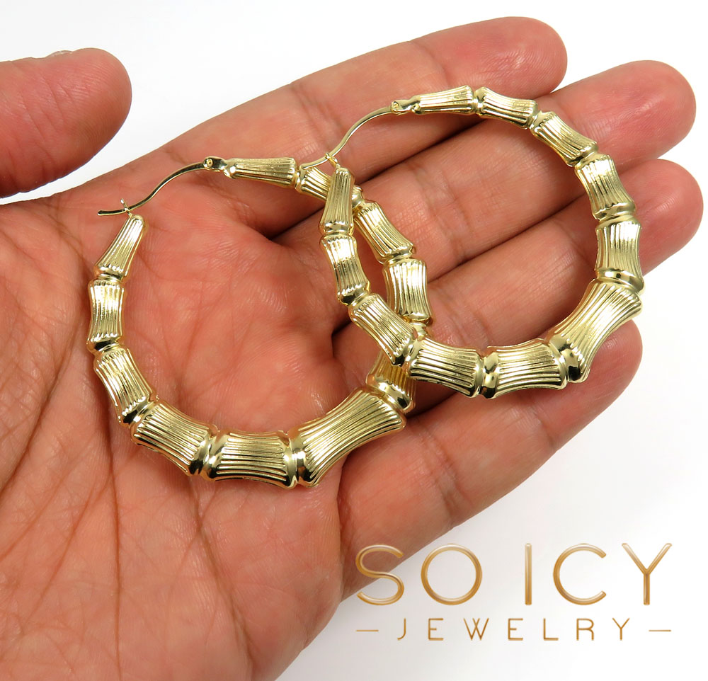 14k yellow gold xl hollow bamboo hoop earrings - Image 4