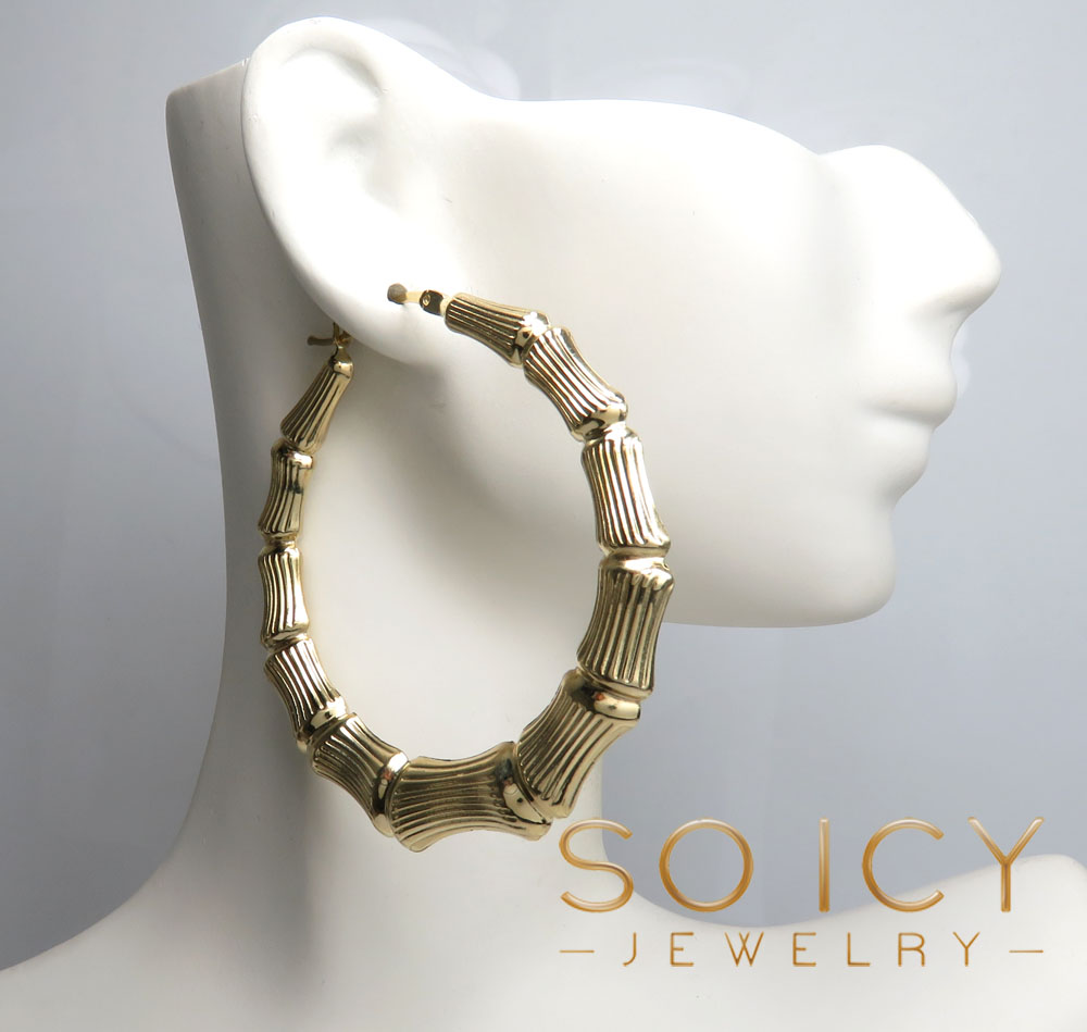 14k yellow gold xl hollow bamboo hoop earrings - Image 5