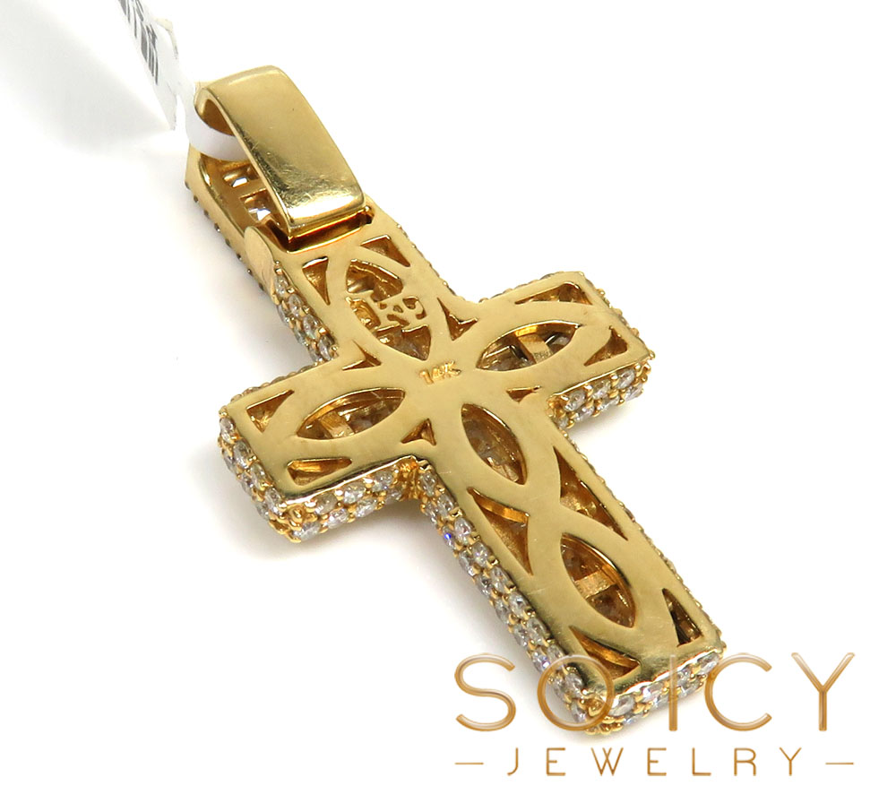 14k yellow gold round & baguette diamond cross 2.14ct