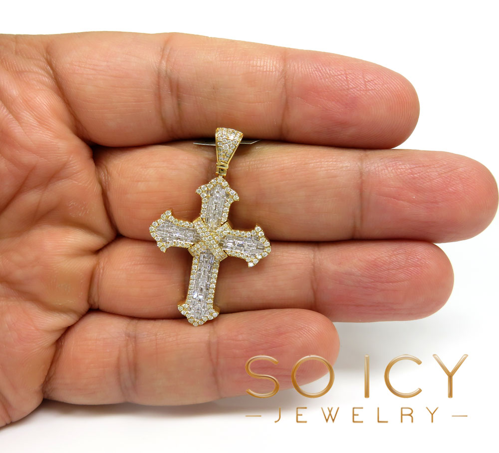 10k yellow gold round & baguette diamond cross 1.15ct