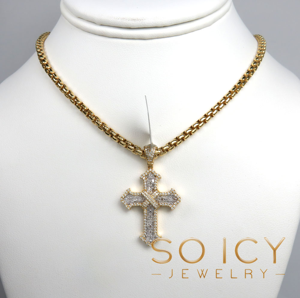 10k yellow gold round & baguette diamond cross 1.15ct