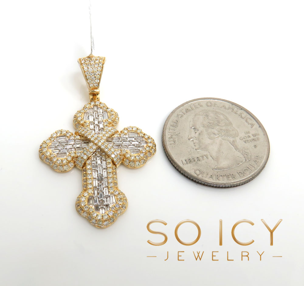 14k yellow gold round & baguette diamond cross 1.90ct