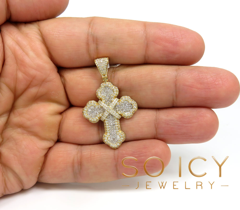 14k yellow gold round & baguette diamond cross 1.90ct