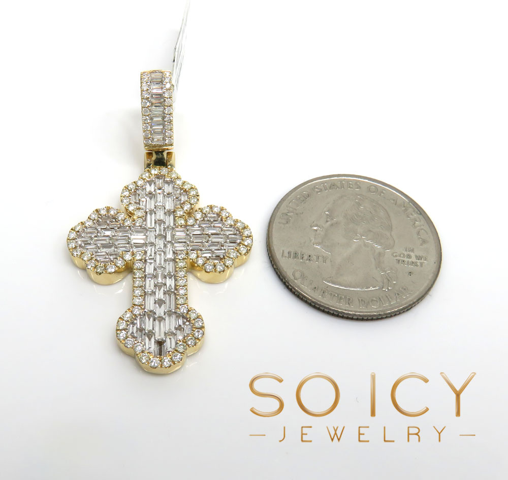 14k gold round & baguette diamond  cross 1.90ct 