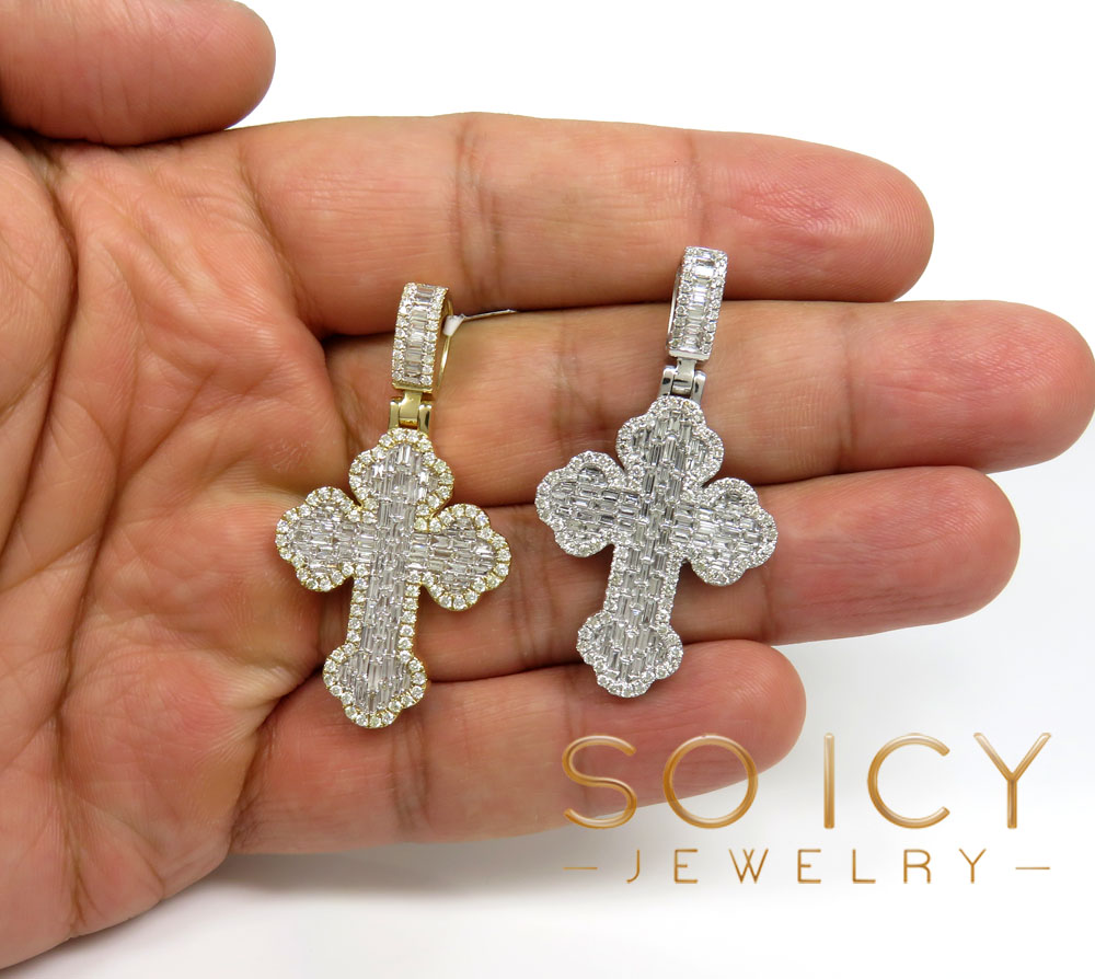 14k gold round & baguette diamond  cross 1.90ct 