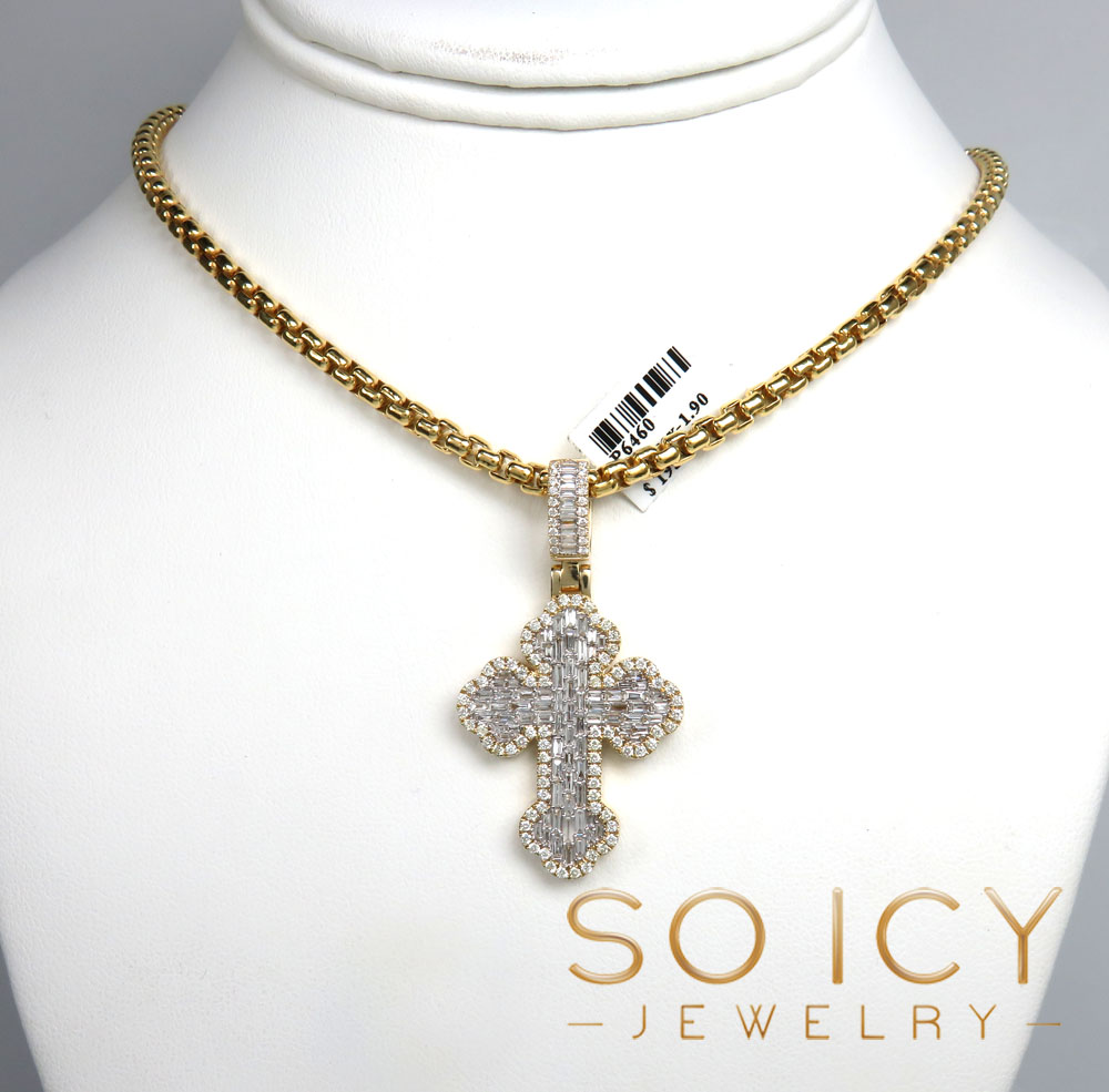 14k gold round & baguette diamond  cross 1.90ct 