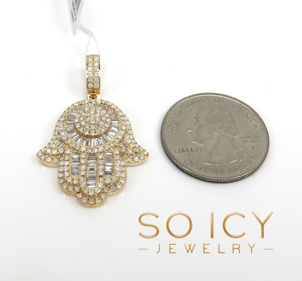 14k gold round & baguette diamond large hamsa pendant 1.27ct - Image 2