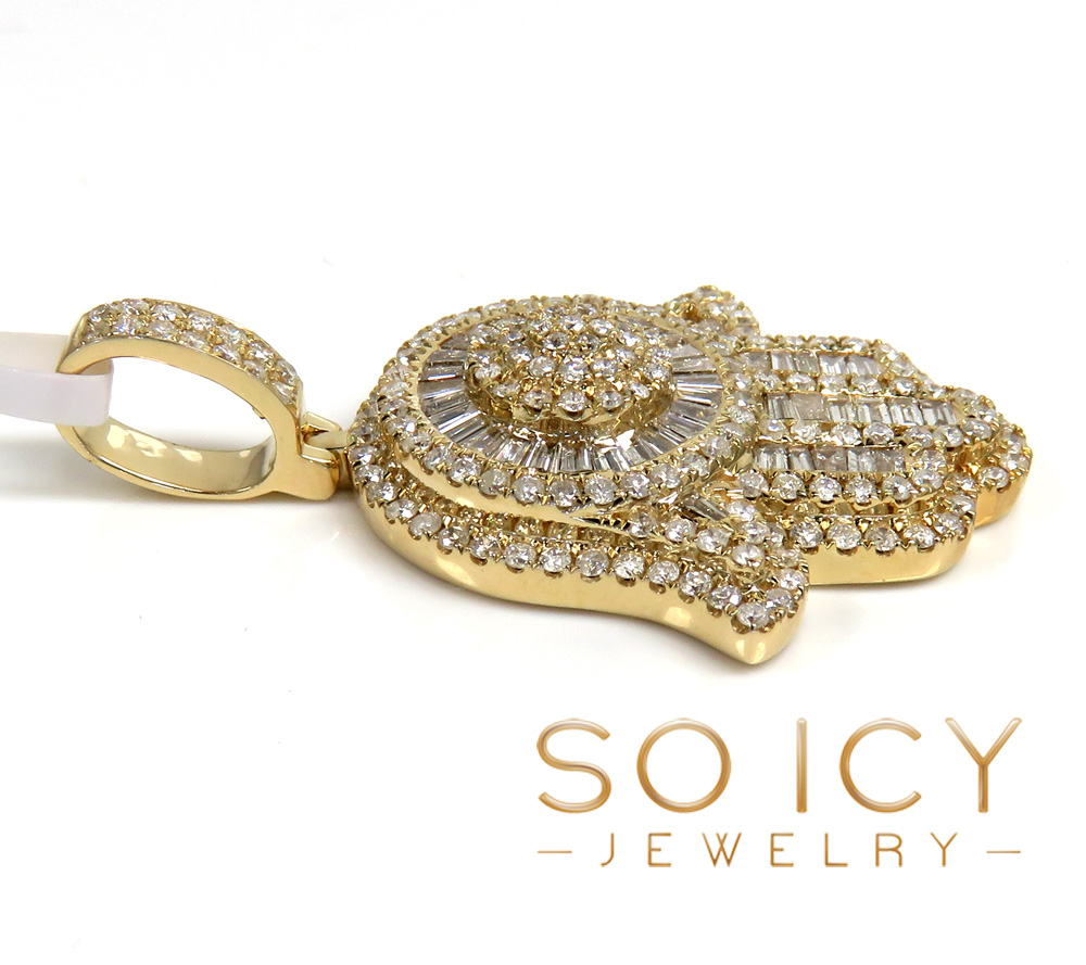 14k gold round & baguette diamond large hamsa pendant 1.27ct - Image 3