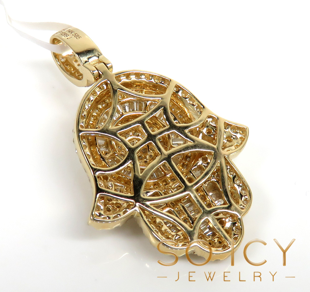 14k gold round & baguette diamond large hamsa pendant  1.27ct
