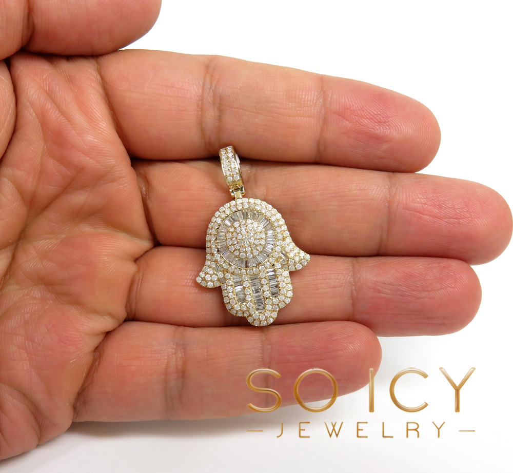 14k gold round & baguette diamond large hamsa pendant 1.27ct - Image 5
