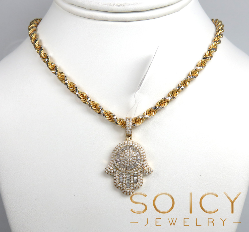 14k gold round & baguette diamond large hamsa pendant  1.27ct