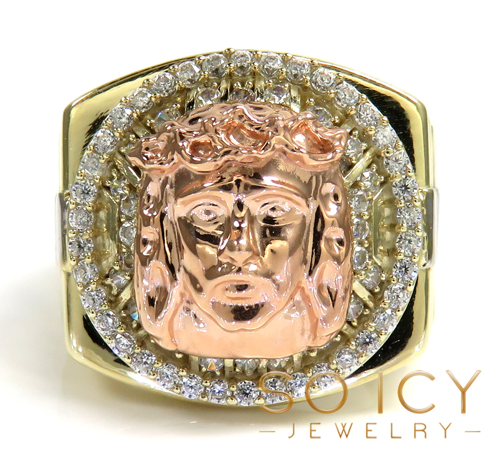 10k tri color cz presidential jesus face ring 1.00ct 