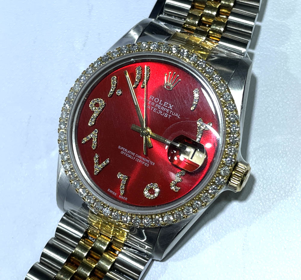 Rolex date just perpetual two tone 36mm custom diamond bezel 2.15ct