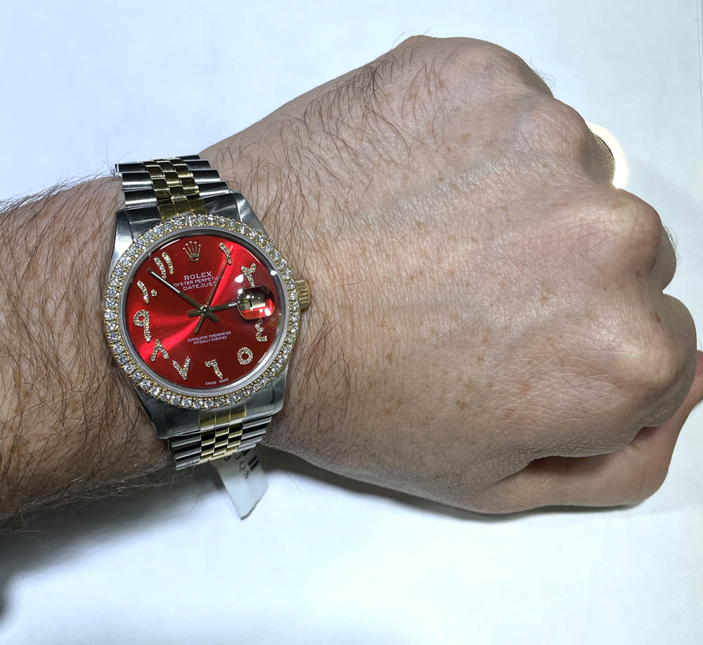 Rolex date just perpetual two tone 36mm custom diamond bezel 2.15ct