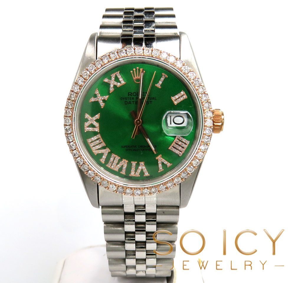 Rolex date just perpetual 36mm custom rose gold diamond bezel 1.75ct