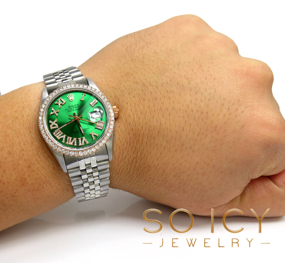 Rolex date just perpetual 36mm custom rose gold diamond bezel 1.75ct