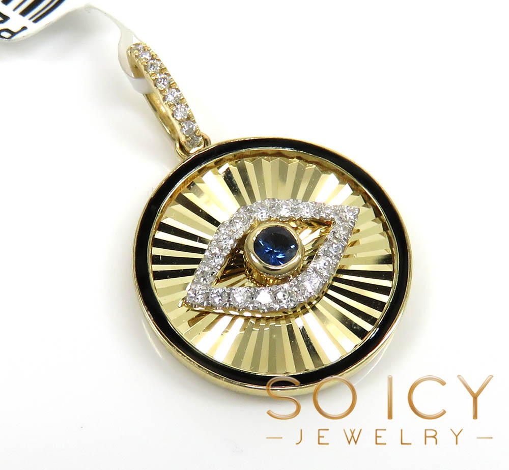 14k yellow gold black enamel diamond evil eye pendant 0.23ct 