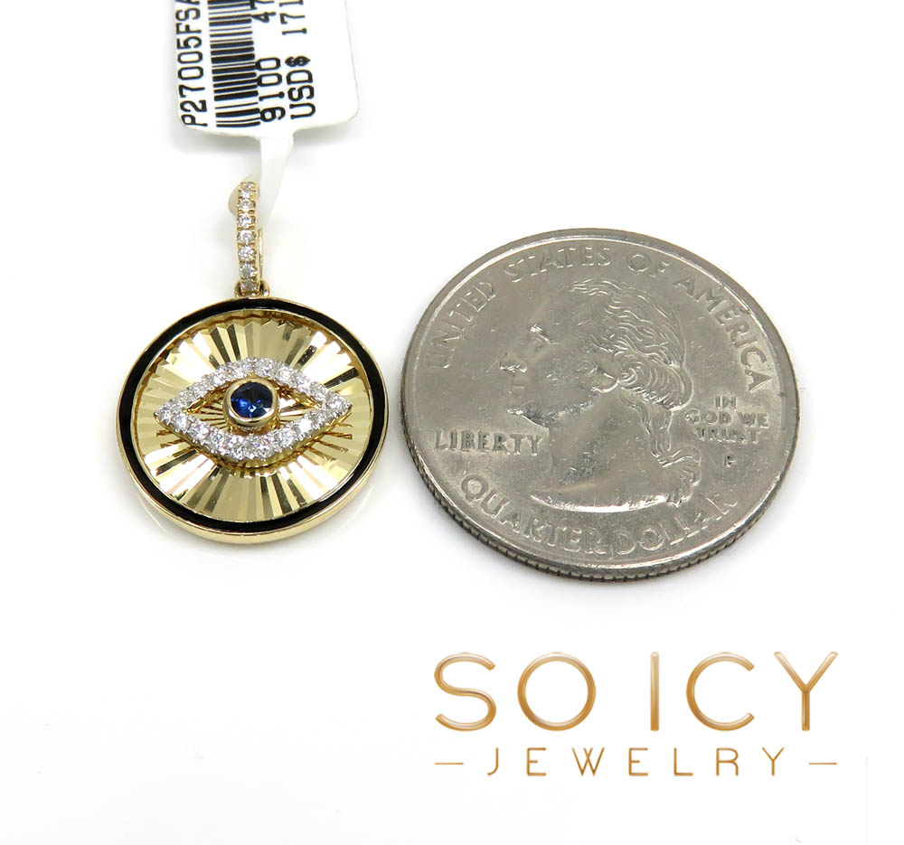 14k yellow gold black enamel diamond evil eye pendant 0.23ct 