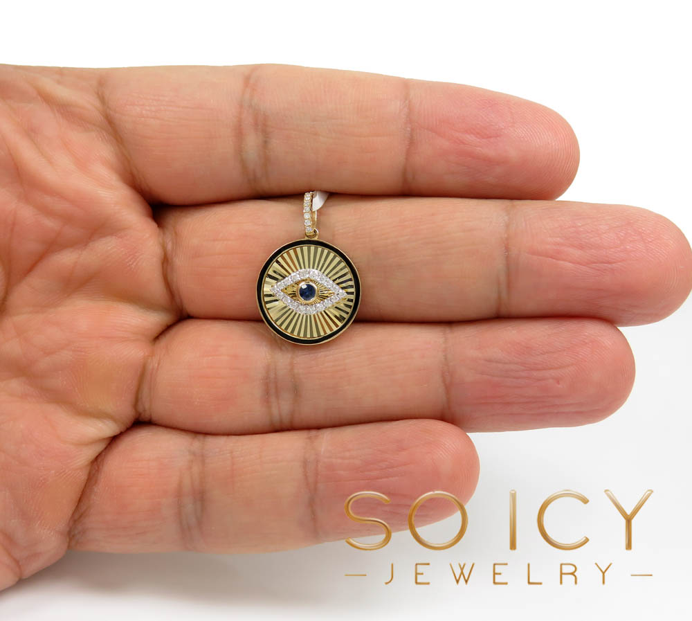 14k yellow gold black enamel diamond evil eye pendant 0.23ct - Image 6