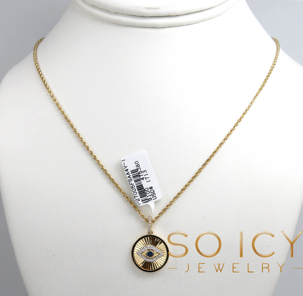 14k yellow gold black enamel diamond evil eye pendant 0.23ct 