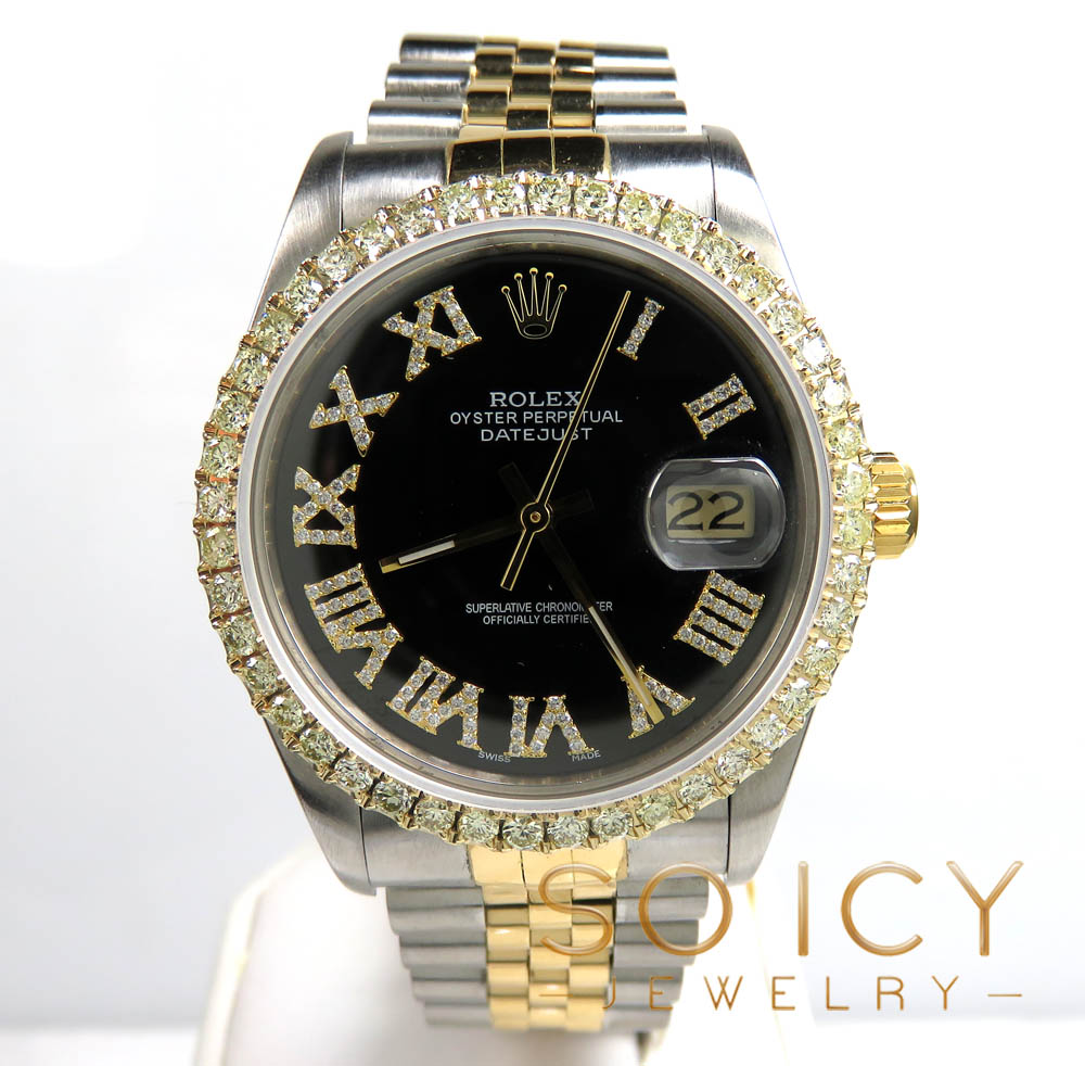 Rolex date just perpetual two tone 36mm custom diamond bezel 2.25ct
