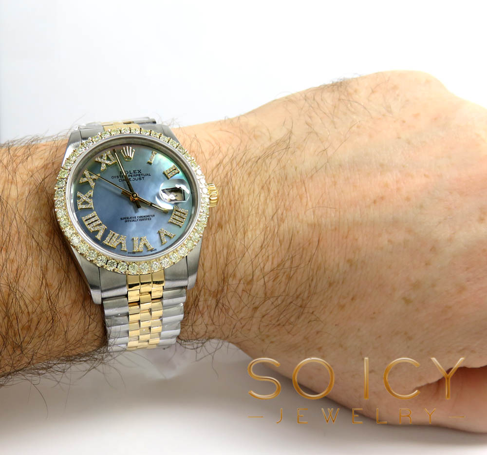 Rolex date just perpetual two tone 36mm custom diamond bezel 2.25ct