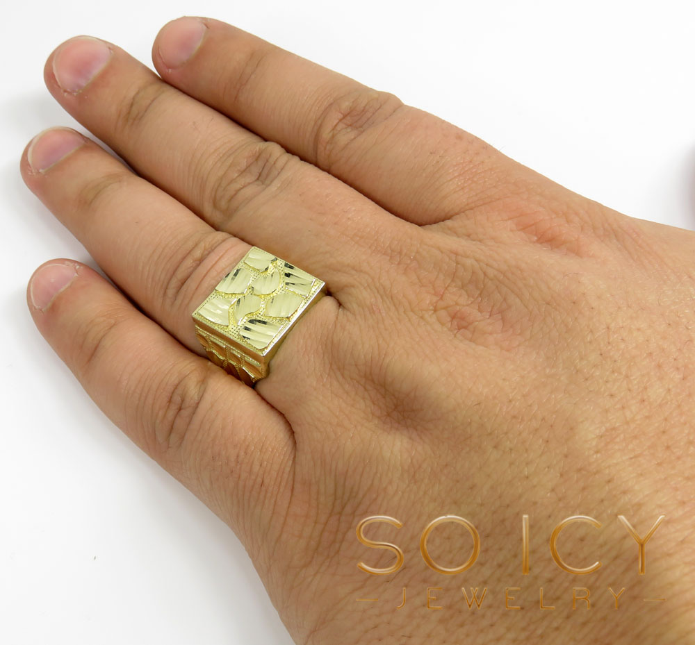 Mens 10k yellow gold medium square nugget ring