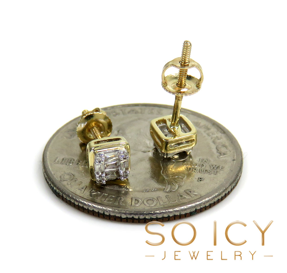 14k yellow or white gold small round diamond baguette earrings 0.12ct