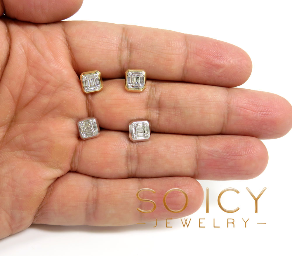  14k yellow or white gold 8.50mm large round diamond baguette earrings 0.56ct 