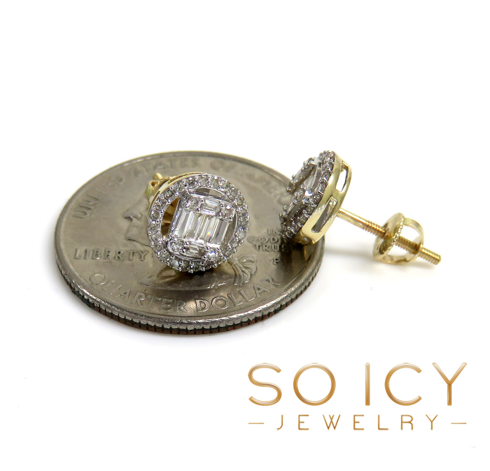  14k yellow or white gold halo 8.50mm round diamond baguette earrings 0.39ct 