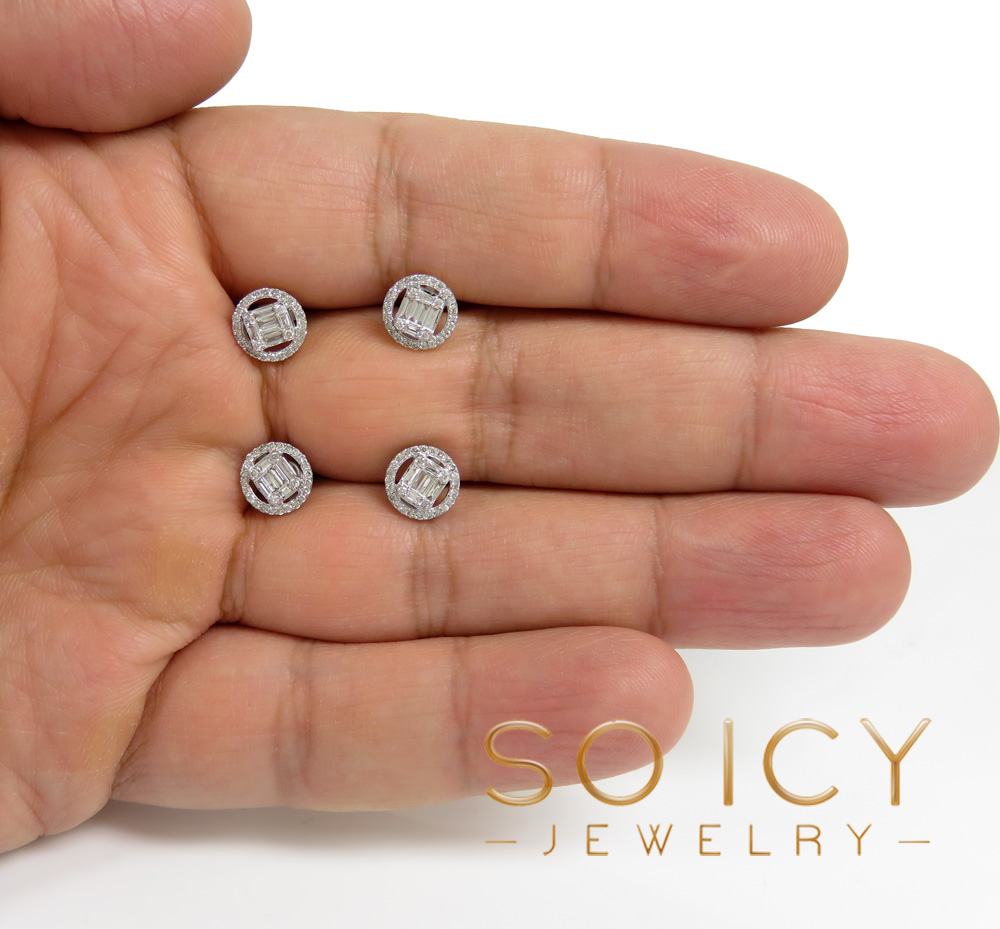  14k yellow or white gold halo 8.50mm round diamond baguette earrings 0.39ct 