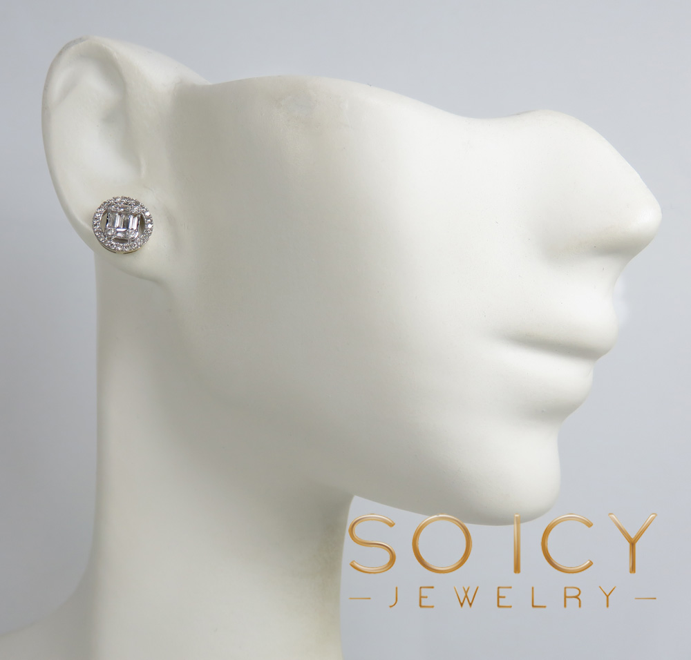  14k yellow or white gold halo 8.50mm round diamond baguette earrings 0.39ct 