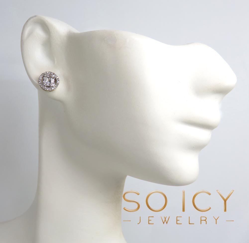  14k yellow or white gold halo 8.50mm round diamond baguette earrings 0.39ct 