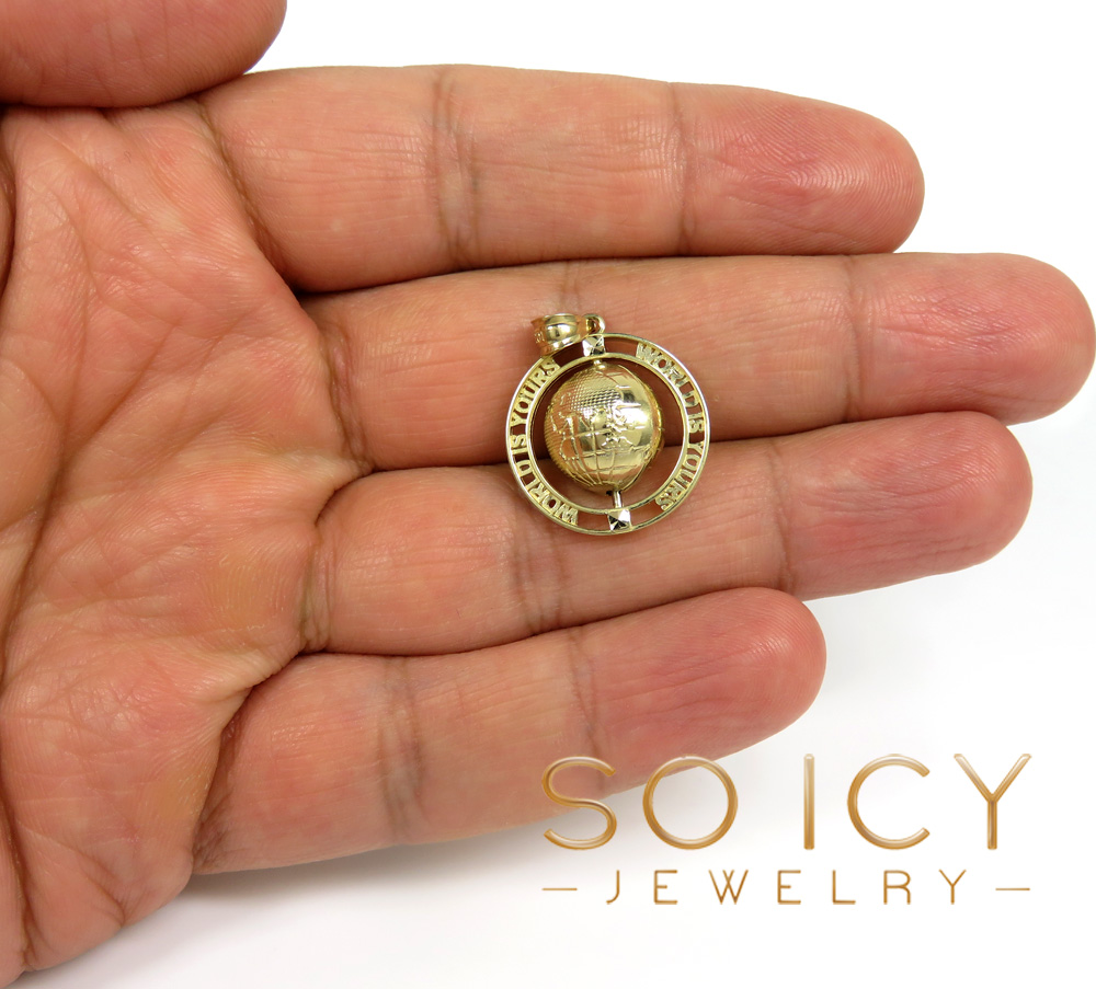 10k yellow gold the world is yours spinning globe mini pendant 