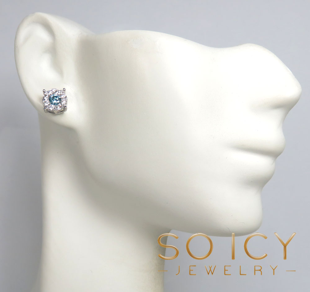 14k gold blue diamond prong frame cluster earrings 1.25ct