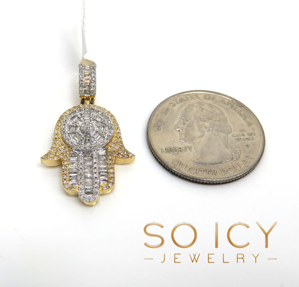 14k two tone gold baguette diamond medium hamsa pendant 0.78ct