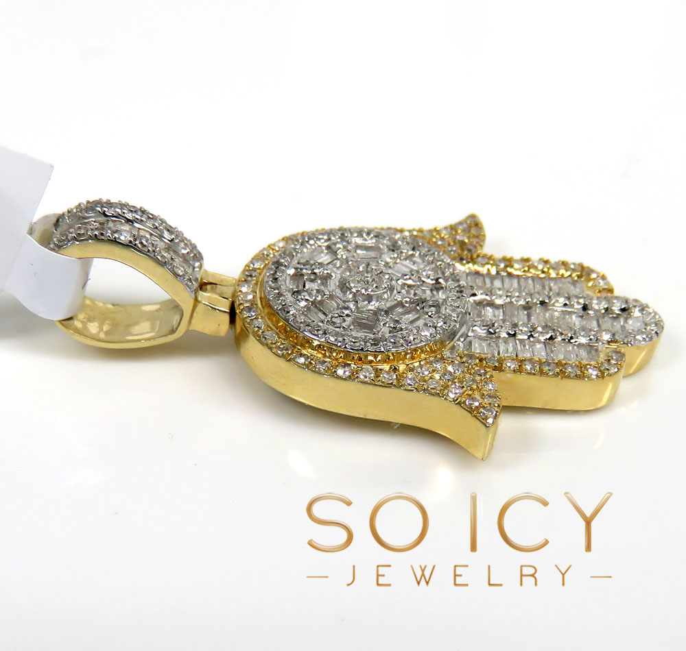 14k two tone gold baguette diamond medium hamsa pendant 0.78ct - Image 3