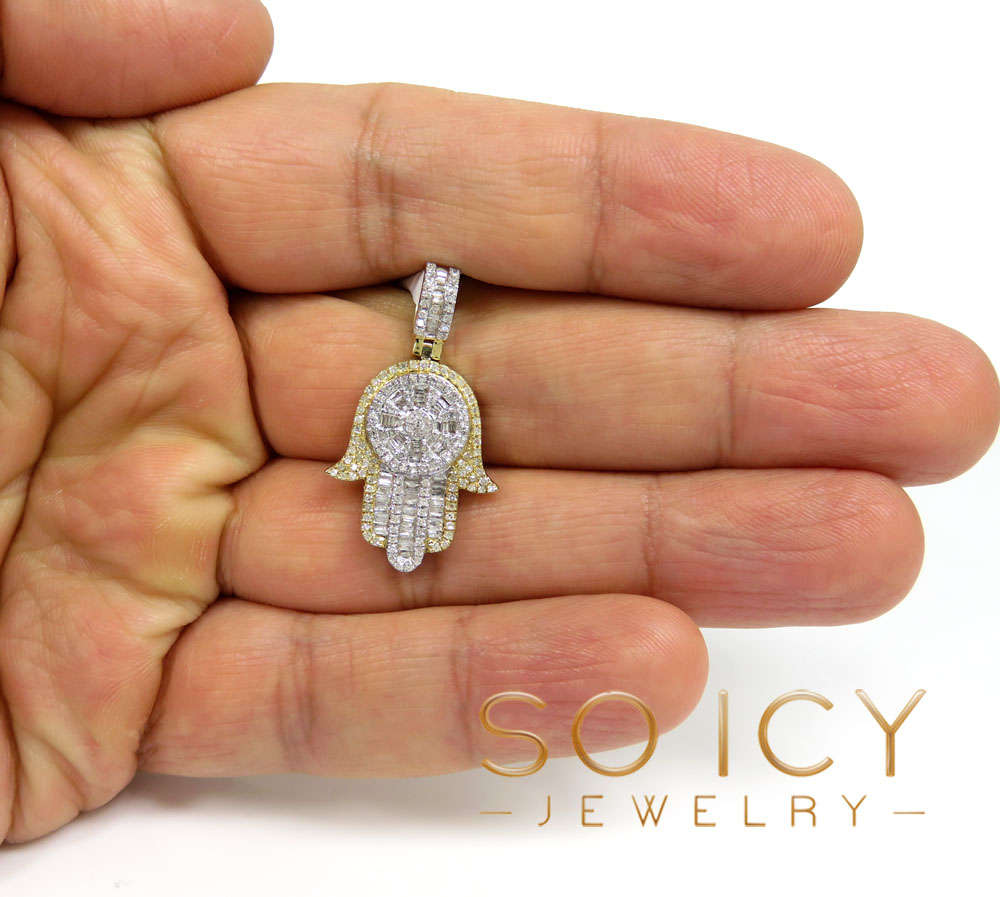 14k two tone gold baguette diamond medium hamsa pendant 0.78ct