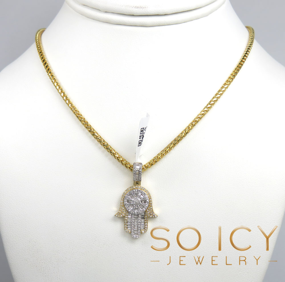 14k two tone gold baguette diamond medium hamsa pendant 0.78ct