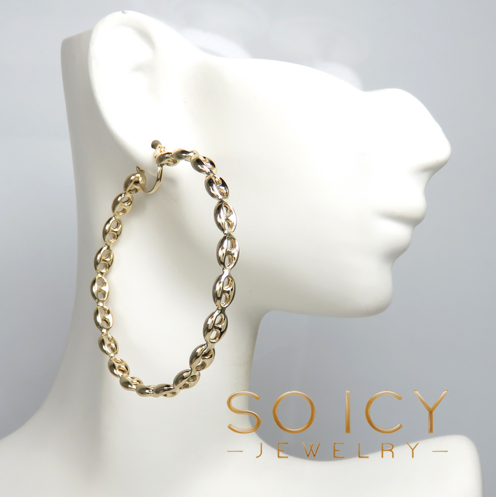 14k yellow gold 5mm puff gucci link hoop earrings - Image 5
