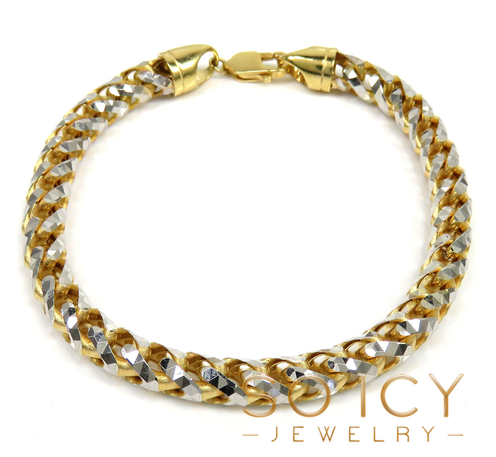 14k two tone gold prism cut semi-hollow franco bracelet 8.50