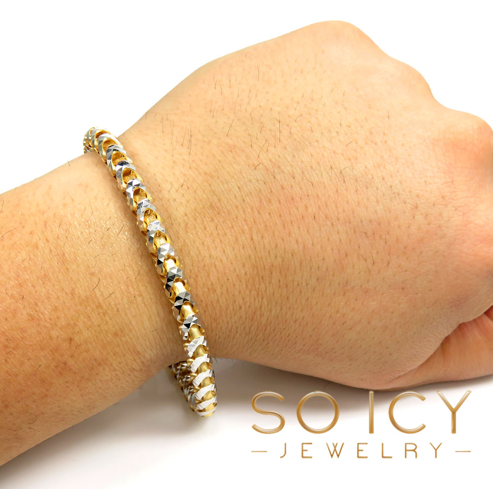 14k two tone gold prism cut semi-hollow franco bracelet 8.50