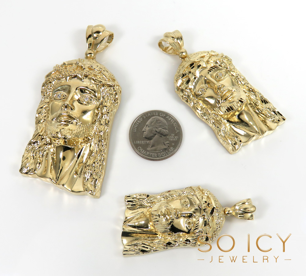 14k solid yellow gold medium-xl diamond cut classic cz jesus face pendant 0.10ct - Image 2