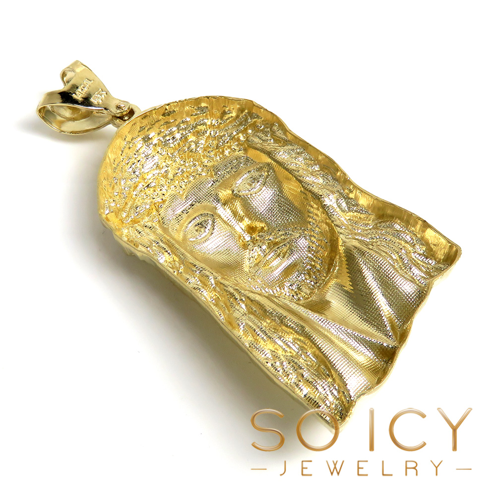14k solid yellow gold medium-xl diamond cut classic cz jesus face pendant 0.10ct