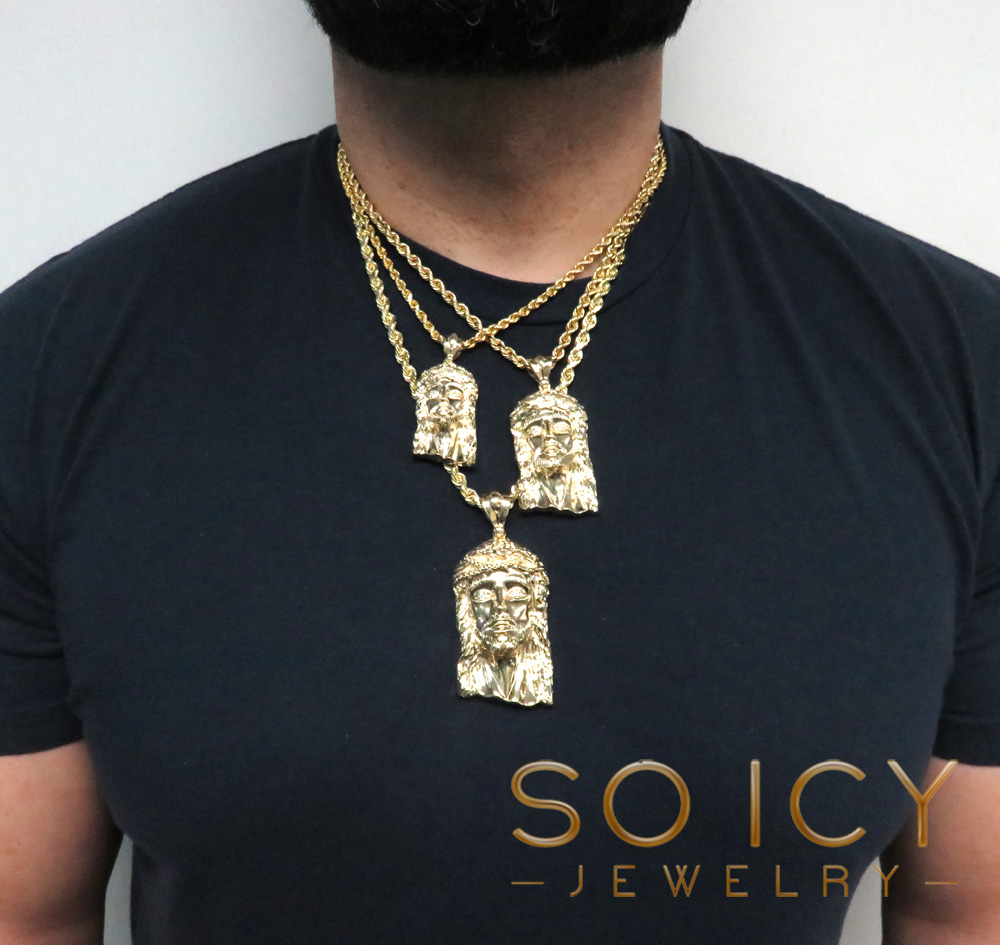 14k solid yellow gold medium-xl diamond cut classic cz jesus face pendant 0.10ct