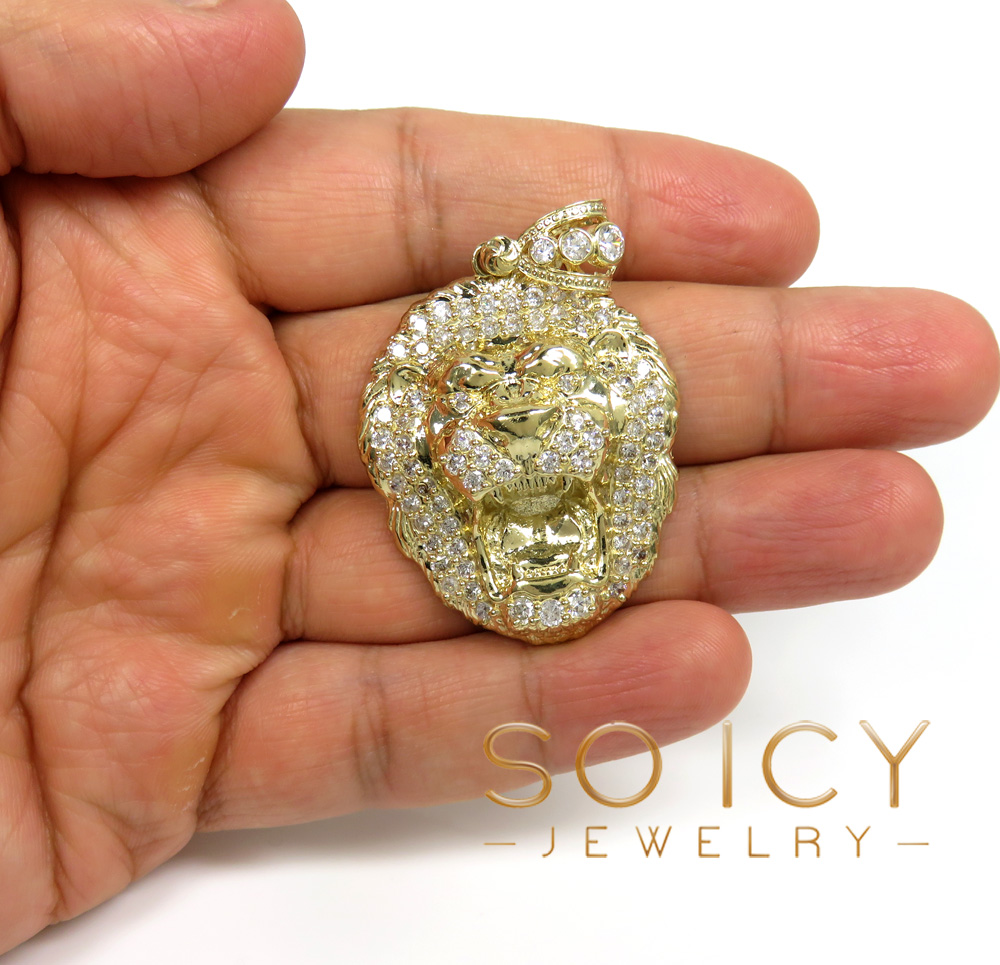 14k yellow gold large cz lion head pendant 1.50ct